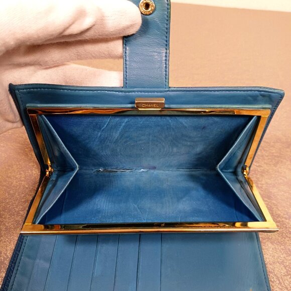 🔥💎 Chanel Caviar Kiss Lock Leather CC Logo Long Wallet Purse Blue Full set - Picture 16 of 16